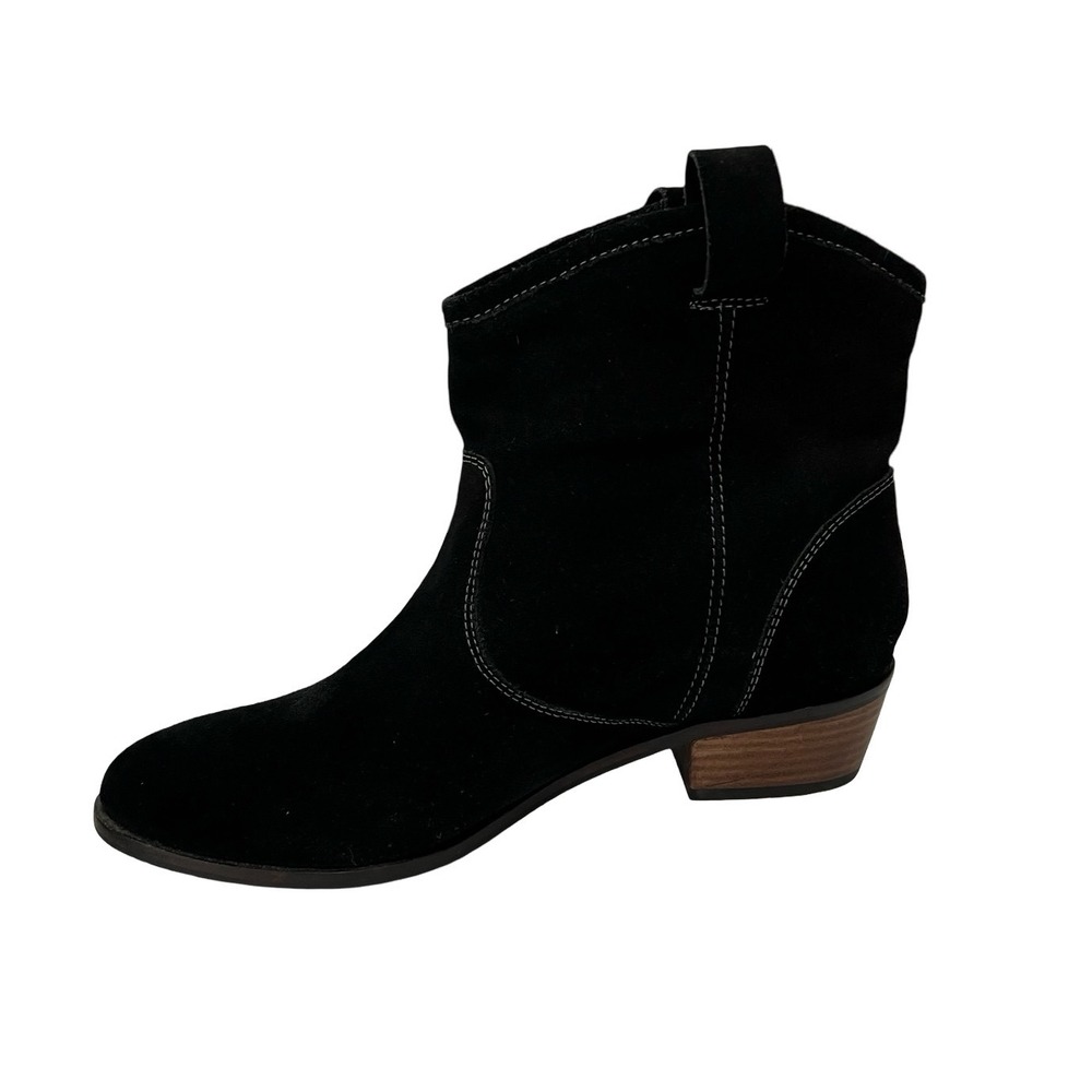 Black Suede Western Ankle Boots Contrast Stitching Stacked Heel Size 7